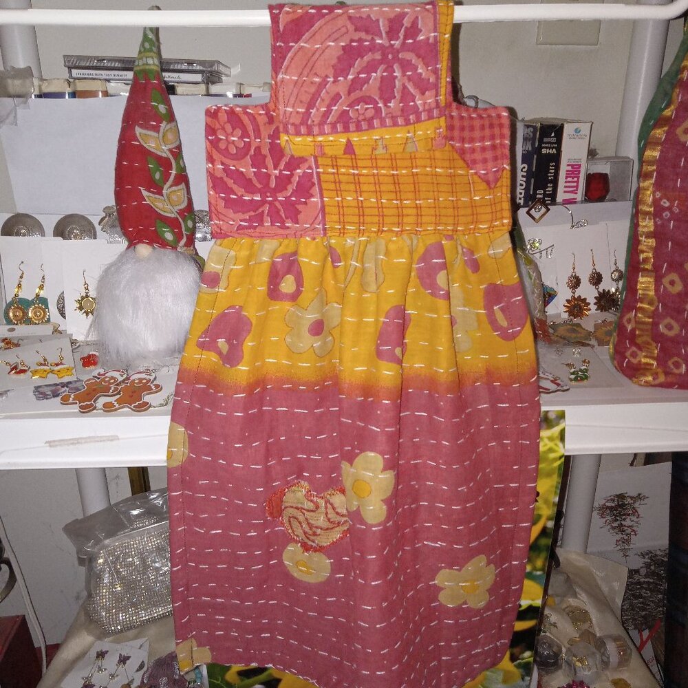 Kantha Hanging Dish Towel With Heart Absorbant Cotton 3 Layer Handmade DTH1.